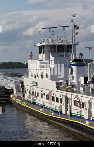 Coseup of river lock barge n Wisconsin Cooperative Ambassador Dresbach Lock and Dam Number 7 Minnesota Mississippi River USA hi-res Stock Photo