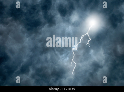 Lightning Bolt coming from Dark Storm Clouds Stock Photo