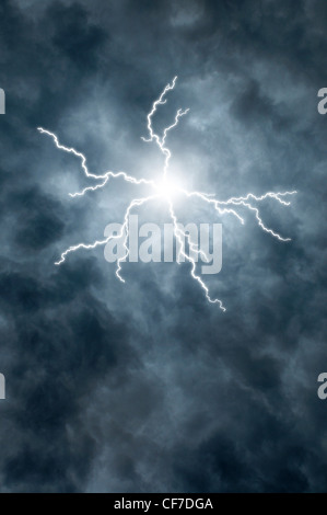 Dark clouds with lightning coming from center going in all directions Stock Photo