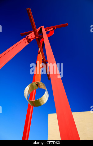 Proverb, by Mark Di Suvero, shot upwards against a deep blue sky in downtown Dallas. Stock Photo