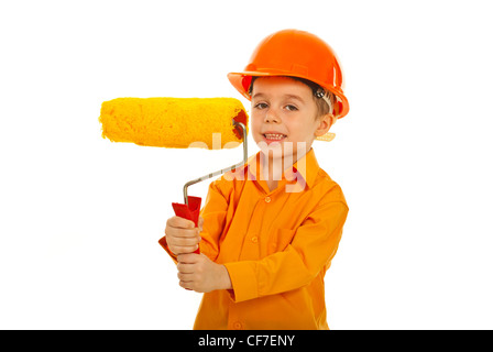 Happy boy holding paint roller isolated on white background Stock Photo