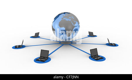 Laptops connected with earth Stock Photo