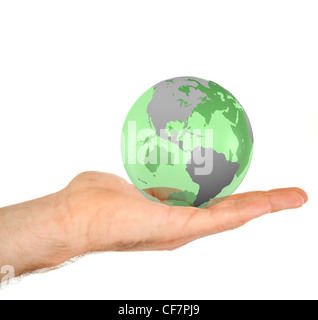 Masculine hand holding a 3d planet globe Stock Photo