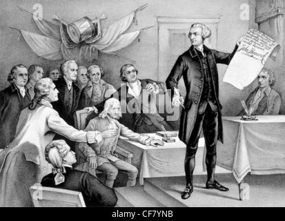 Vintage lithograph print of American statesman John Hancock (1737 - 1793) brandishing the US Declaration of Independence with his signature on it. Stock Photo