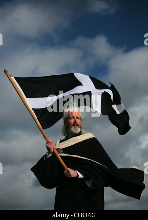 Actor plays St Piran for St Piran's Day, Perran Sands, Perranporth, Cornwall, UK Stock Photo