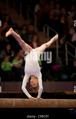 Rebecca Tunney (GBR) competes in the balance beam event at the 2012 ...