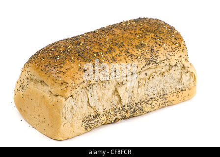 freshly baked loaf of bread covered with poppy seeds isolated on white background Stock Photo