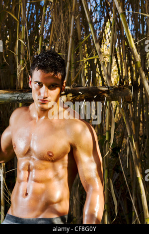 View of a fighter man holding a medieval mace weapon. Stock Photo