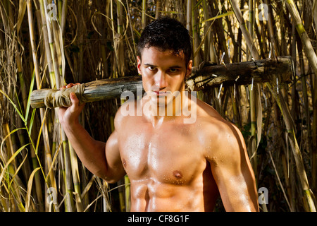 View of a fighter man holding a medieval mace weapon. Stock Photo