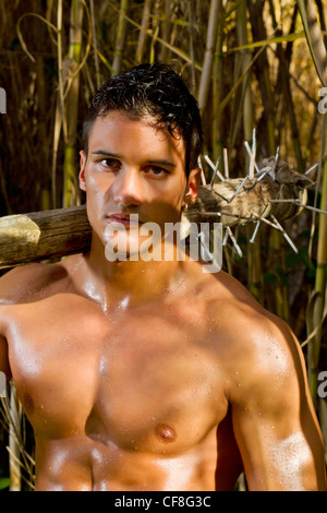 View of a fighter man holding a medieval mace weapon. Stock Photo