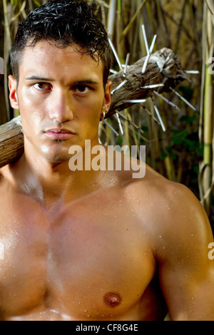 View of a fighter man holding a medieval mace weapon. Stock Photo