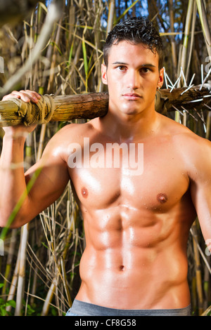 View of a fighter man holding a medieval mace weapon. Stock Photo