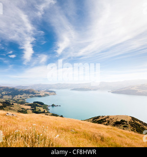 A view of Akaroa Harbour, Banks Peninsula, in the South Island of New Zealand. Stock Photo