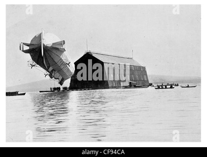 German Zeppelin with floating shed at Friedrichshafen Lake Constance military air base aircraft balloon Imperial air force LZ Stock Photo