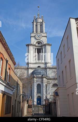 London, Limehouse The west end of St Anne's church seen from Newall Street March 2012 Stock Photo