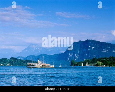 Switzerland, Europe, Luzern, lake, mountain, Vierwaldstattersee, lake Lucerne, Buergenstock, ship, landscape Stock Photo