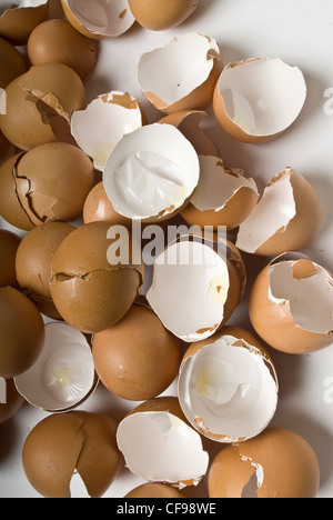 A pile of brown, broken, empty eggshells on a white background. Studio shot. Stock Photo