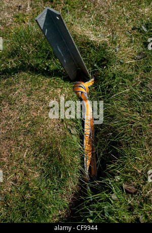 Climbers knot on a sling tied to a metal anchor point in grass at the top of the cliffs at Auchinstarry Quarry. Stock Photo