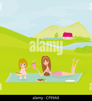 A vector illustration of a family having a picnic in a park Stock Photo