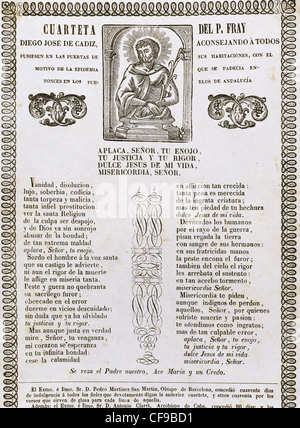 Quatrain by Friar Diego Jose de Cadiz recommending hang on the doors to warning of an epidemic that is suffered in Andalusia. Stock Photo