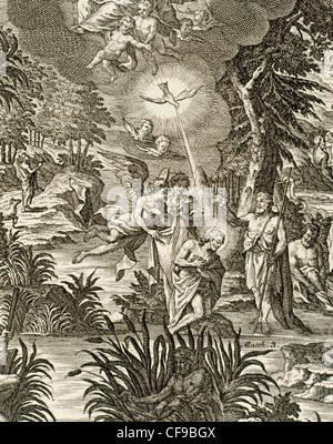 Matthew 3. John the Baptist baptizing Jesus. Engraving. Stock Photo