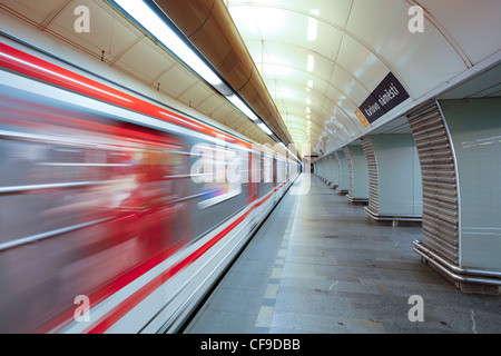 Train arriving at a platform in Prague underground Metro, blurred motion, Prague, Czech Republic Stock Photo