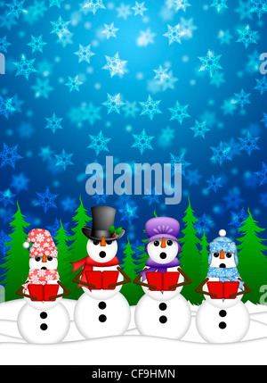 Snowman Carolers Singing Christmas Songs with Snowing Winter Scene Illustration Stock Photo