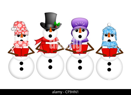 Snowman Carolers Singing Christmas Songs Illustration Isolated on White Background Stock Photo