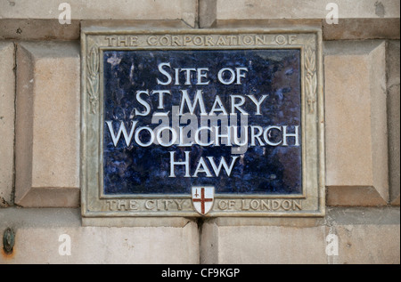 Commemorative plaque marking the 'Site of St Mary Woolchurch Haw' church, destroyed in 1666, in the City of London, England.
