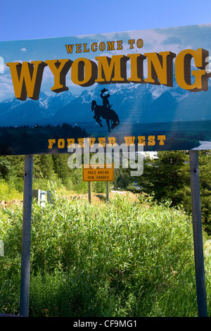 Welcome to Wyoming road sign at the Idaho, Wyoming state border, USA. Stock Photo