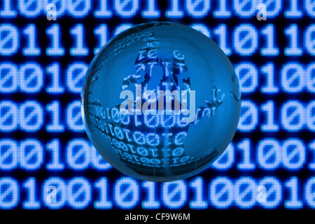 Glass globe in front of binary code Stock Photo