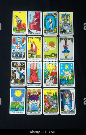 Tarot cards layed out in a rectangular tarot spread with four rows and four columns Stock Photo