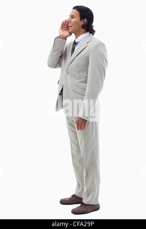 Portrait of a smiling office worker shouting Stock Photo