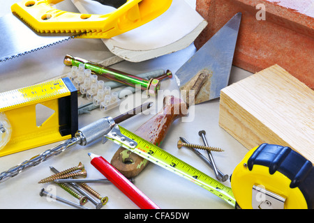 Still life photo of building tools and materials Stock Photo