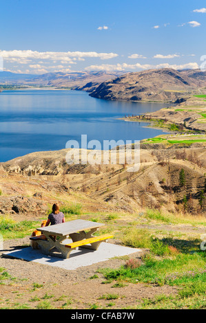 woman dog picnic table overlooking Kamloops Lake Stock Photo