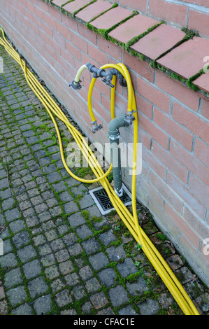 Garden hose tap outlet on house wall with yellow hosepipe, Stock Photo