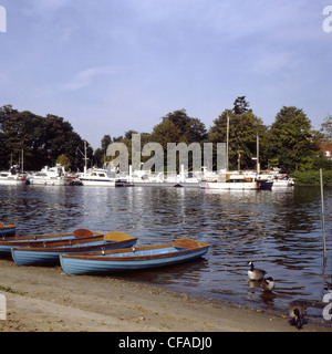 Moored pleasure cruisers and rowing boats on the River Thames at East Molesley. Surrey. England Stock Photo