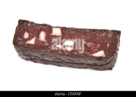 Black pudding or blood sausage isolated on a white studio background. Stock Photo
