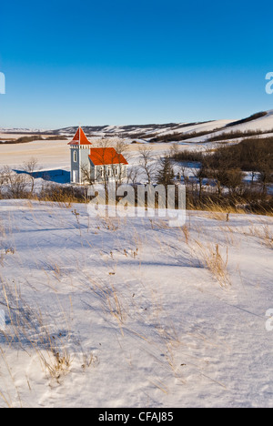 St. Nicholas Church in the snow, Qu'Appelle Valley, Saskatchewan, Canada. Stock Photo