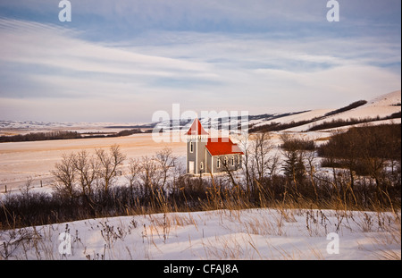 St. Nicholas Church in the snow, Qu'Appelle Valley, Saskatchewan, Canada. Stock Photo