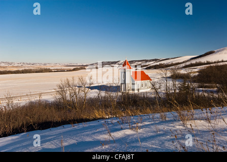 St. Nicholas Church in the snow, Qu'Appelle Valley, Saskatchewan, Canada. Stock Photo