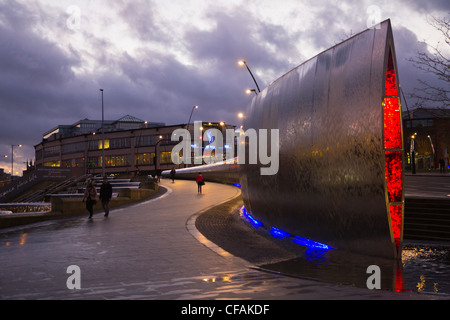 Sheffield train station at night with illuminated fountains and water feature South Yorkshire England Stock Photo