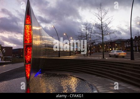 Sheffield train station at night with illuminated fountains and water feature South Yorkshire England Stock Photo