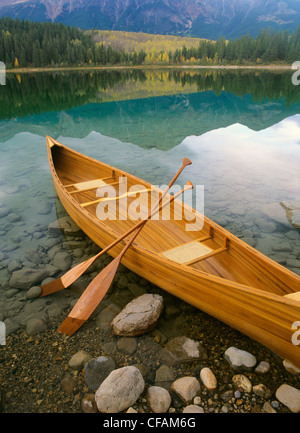 Canoe on Patricia Lake, Jasper National Park, Alberta, Canada.