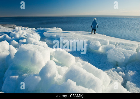 a man looks out over melting ice, along Lake Winnipeg, Manitoba, Canada Stock Photo
