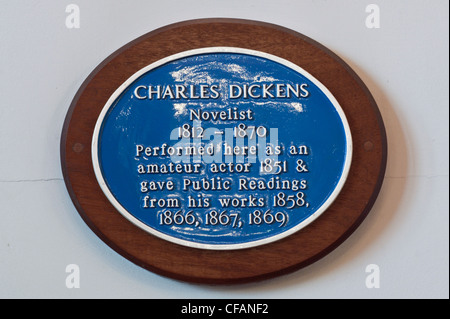 Blue heritage tourist plaque commemorating Charles Dickens performances at the Victoria Rooms of Bristol University Stock Photo