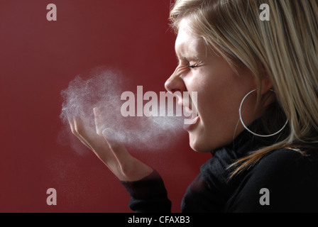 Cough, cold, ill, sick, pharynxes, revenge, mouth, Niesen, infection, oral hygiene, woman, droplet, infection, Stock Photo