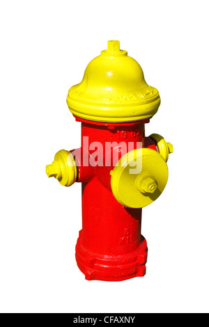 Fire hydrant in red and yellow isolated on white. Stock Photo