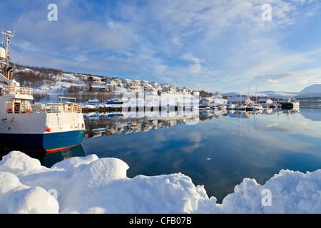 Boats in Eidkjosen harbour near Tromso Troms Norway Europe Stock Photo