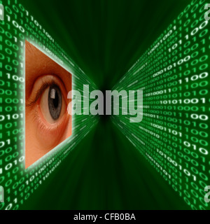An eye monitoring a corridor of green binary code Stock Photo